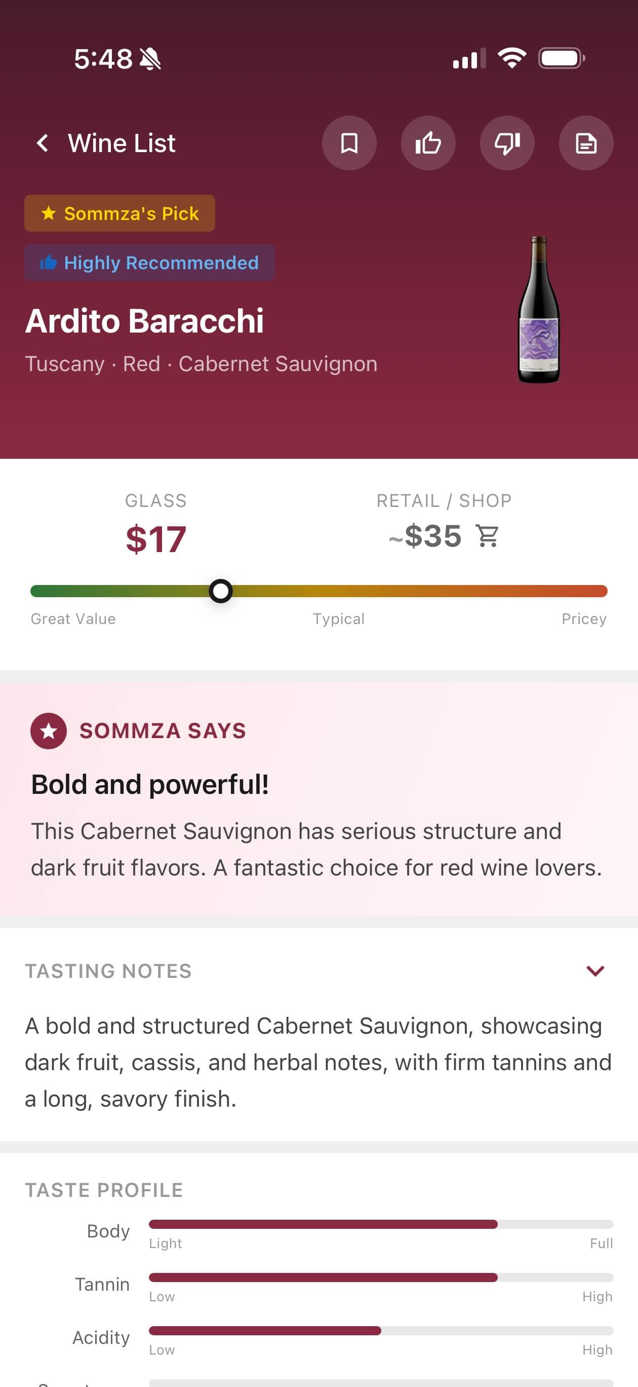 Sommza app showing wine list with AI recommendations