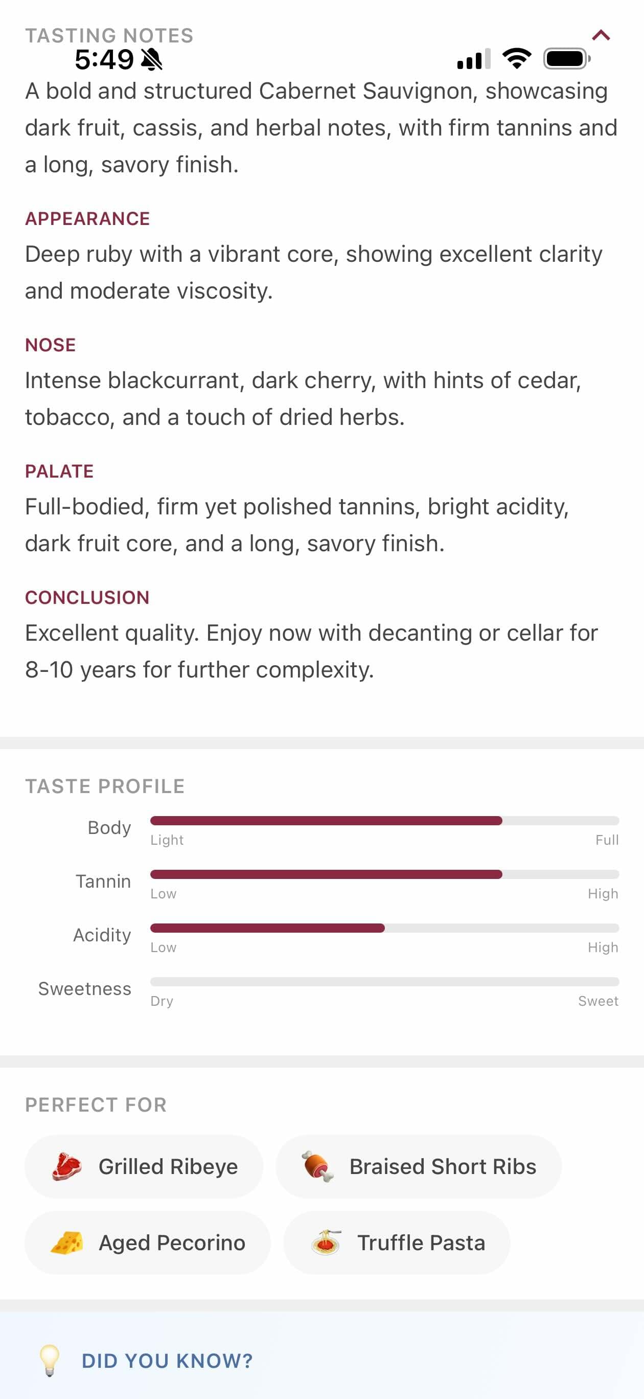 Wine details with Sommza's recommendation